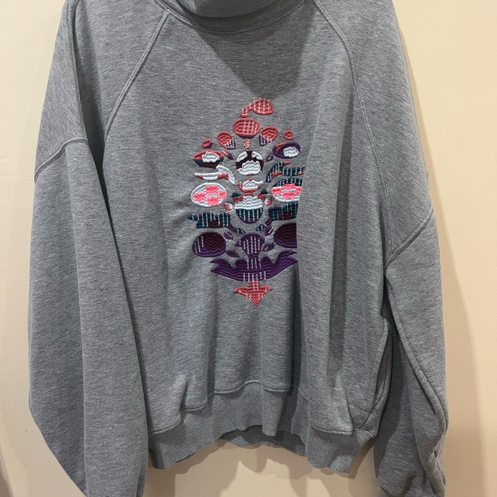 FP Movement by Free People Gray Sweater with Colorful Embroidery